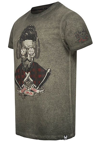 Brave Soul Heren T-Shirt DJ Head Barber Shop print olijfgroen