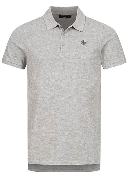 Sublevel Herren Polo T-Shirt Knopfleiste Vokuhila Struktur grau melange