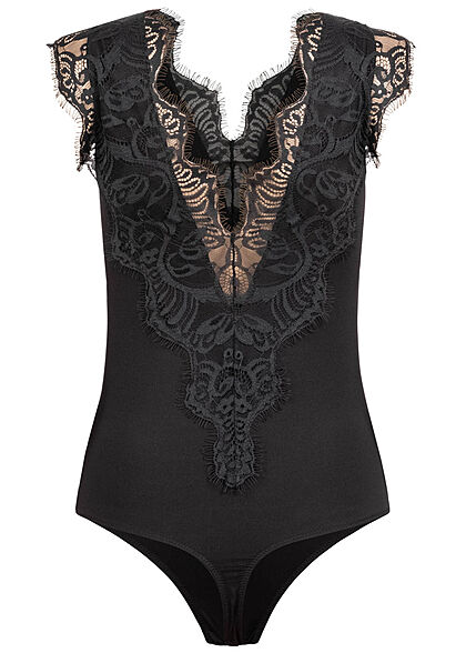 Pieces Damen NOOS V-Neck Spitzen Body tiefer Ausschnitt am Rücken schwarz