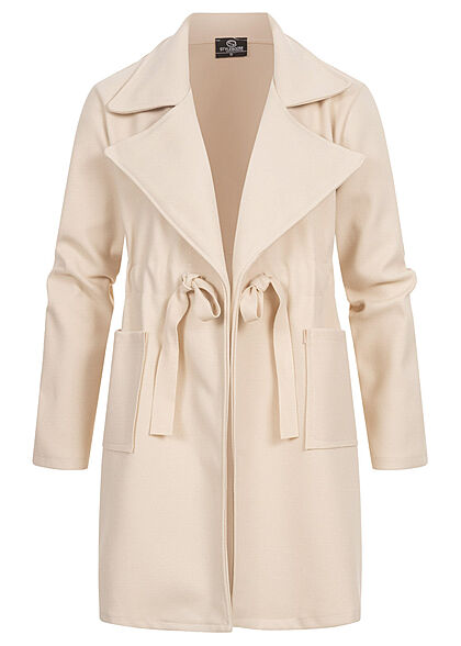 Styleboom Fashion Damen Übergangs Fleece Mantel Tunnelzug 2-Pockets beige