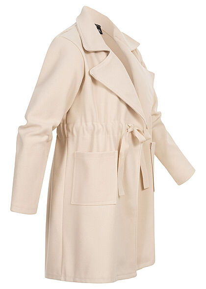 Styleboom Fashion Damen Übergangs Fleece Mantel Tunnelzug 2-Pockets beige