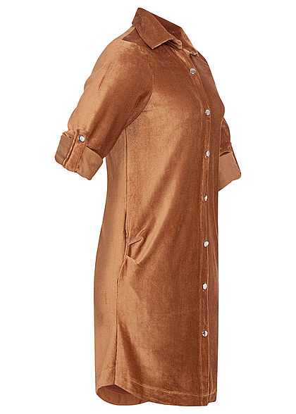 Styleboom Fashion Dames Blouse in koord-look met omgeslagen mouwen en knopen bruin