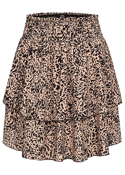 Styleboom Fashion Damen Mini Stufenrock Animal Print 2-lagig beige schwarz
