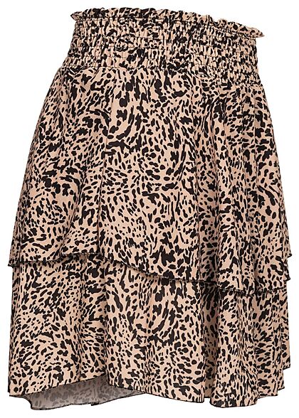 Styleboom Fashion Damen Mini Stufenrock Animal Print 2-lagig beige schwarz