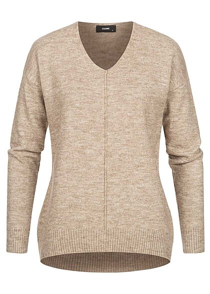 Clodus Damen Strick Pullover Longsleeve Sweater V-Neck camel braun
