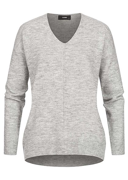 Clodus Damen Strick Pullover Longsleeve Sweater V-Neck hell grau