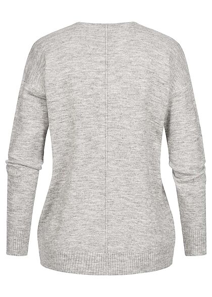 Clodus Damen Strick Pullover Longsleeve Sweater V-Neck hell grau