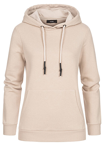 Clodus Damen Hoodie Sweater mit Kapuze und Rippbündchen Kängurutasche birch beige