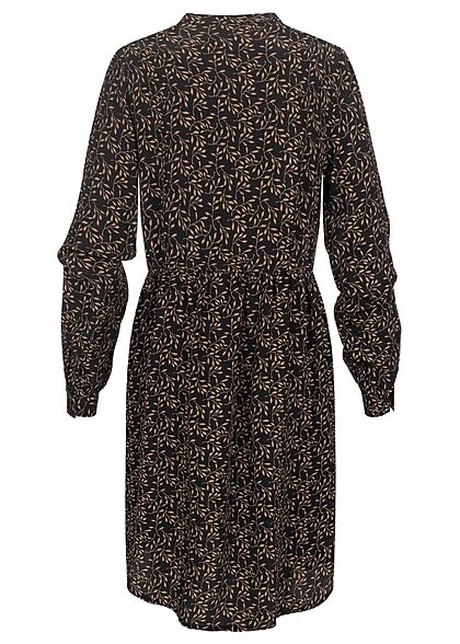 Clodus Dames Jurk met lange mouwen v-hals bloemenprint zwart