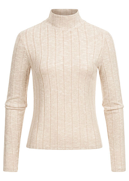 Hailys Damen Soft-Touch Struktur Longsleeve Pullover mit Stehkragen beige marl