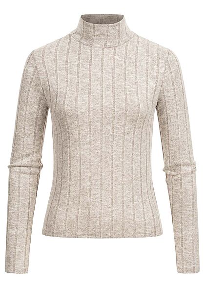 Hailys Damen Soft-Touch Struktur Longsleeve Pullover mit Stehkragen taupe marl