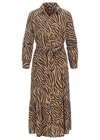 Styleboom Fashion Dames lange jurk met strikceintuur en all over dierenprint zwart beige - Art.-Nr.: 21106728