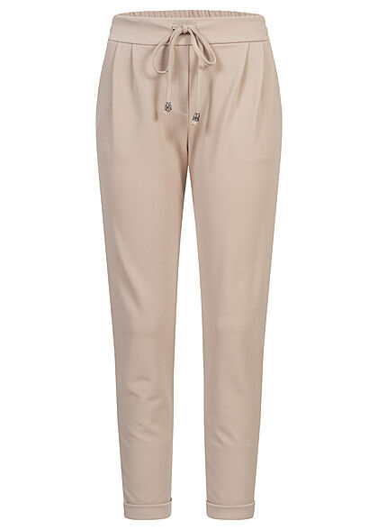 Styleboom Fashion Damen Hose Stoffhose mit Tunnelzug TurnUp 2-Pockets beige