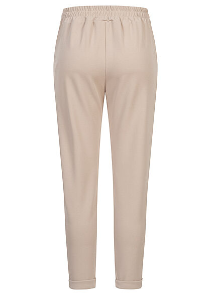 Styleboom Fashion Damen Hose Stoffhose mit Tunnelzug TurnUp 2-Pockets beige