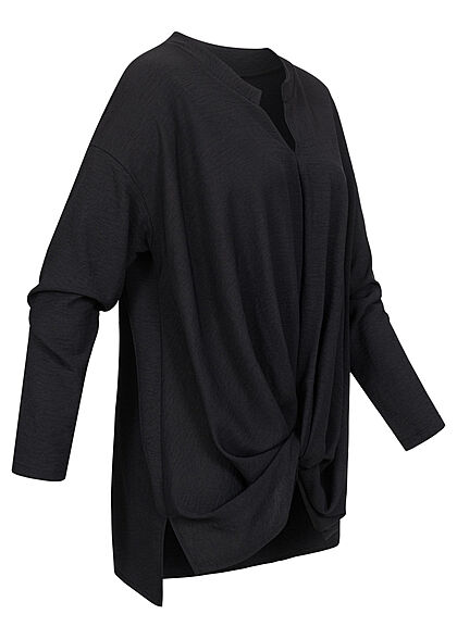 Styleboom Fashion Damen Bluse Longsleeve Knotendetail vorne schwarz