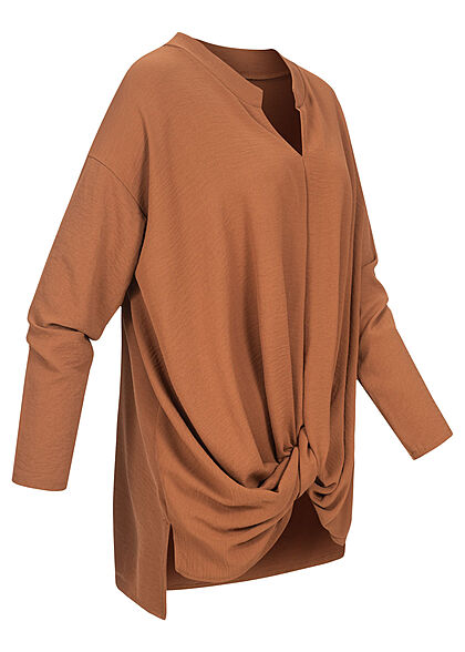 Styleboom Fashion Damen Bluse Longsleeve Knotendetail vorne camel braun