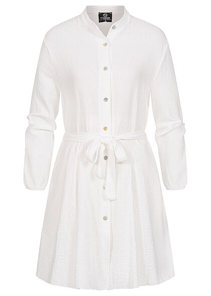 Styleboom Fashion Damen Kleid Langarm mit 7 Knöpfen Bindegürtel weiss