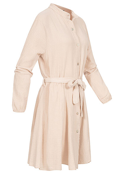 Styleboom Fashion Damen Kleid Langarm mit 7 Knpfen Bindegrtel beige