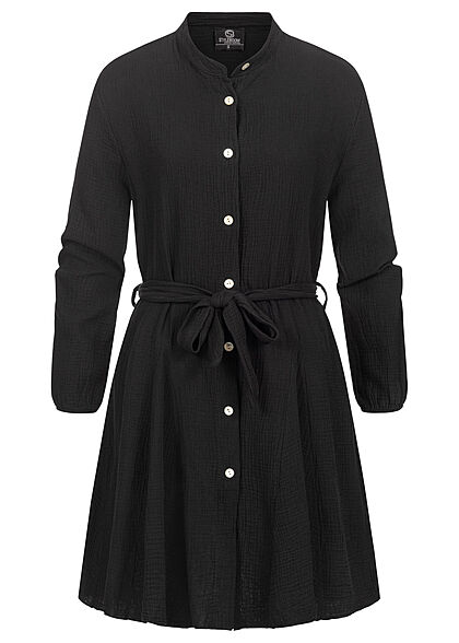 Styleboom Fashion Damen Kleid Langarm mit 7 Knpfen Bindegrtel schwarz