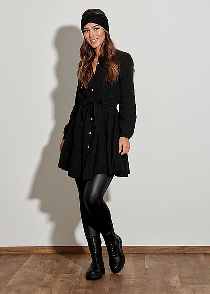 Styleboom Fashion Damen Kleid Langarm mit 7 Knpfen Bindegrtel schwarz