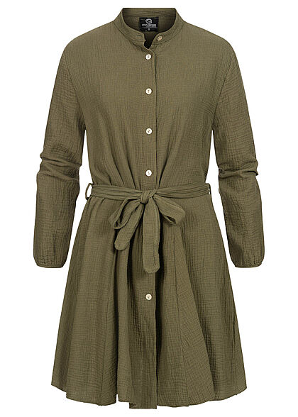 Styleboom Fashion Damen Kleid Langarm mit 7 Knpfen Bindegrtel oliv grn