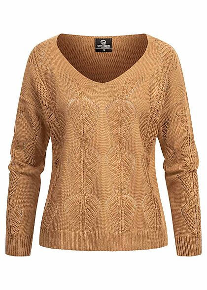 Styleboom Fashion Dames Gebreide trui met lange mouwen en bladerenmotief camelbruin - Art.-Nr.: 21106782