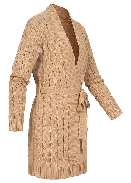 Styleboom Fashion Damen Midi Struktur Cardigan mit Bindegrtel beige