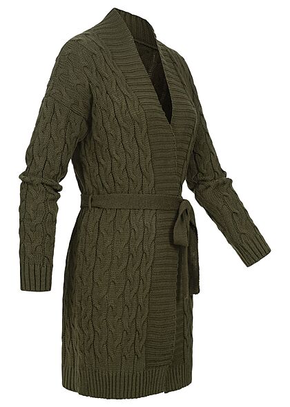 Styleboom Fashion Damen Midi Struktur Cardigan mit Bindegrtel oliv grn