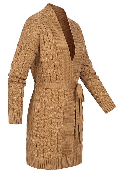 Styleboom Fashion Damen Midi Struktur Cardigan mit Bindegrtel camel braun