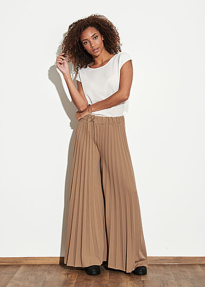 Styleboom Fashion Damen Hose Longform Elastic Waistband beige