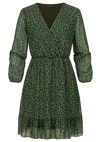 Styleboom Fashion Dames Chiffon Jurk V-hals print zwart groen - Art.-Nr.: 21106816