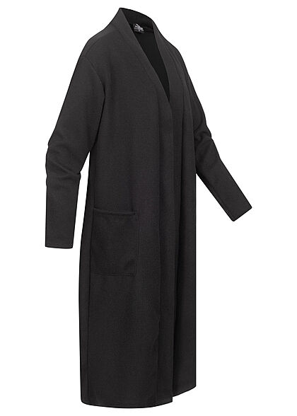 Styleboom Fashion Damen Cardigan Strickjacke Longform 2-Pockets schwarz