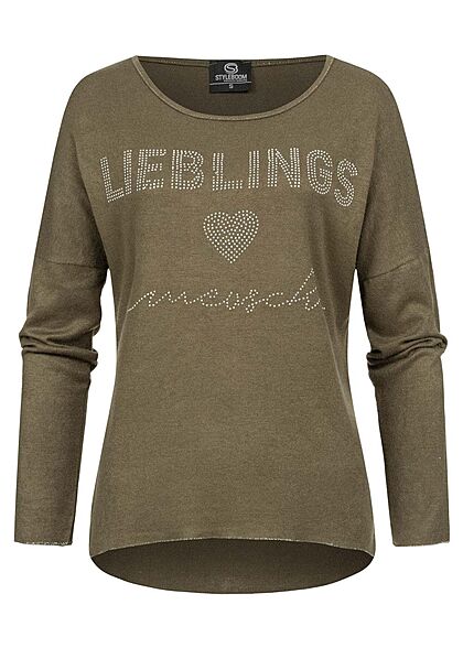 Styleboom Fashion Damen Pullover Strasssteine Lieblingsmensch oliv grün