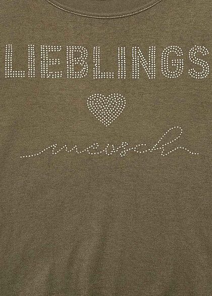 Styleboom Fashion Damen Pullover Strasssteine Lieblingsmensch oliv grün