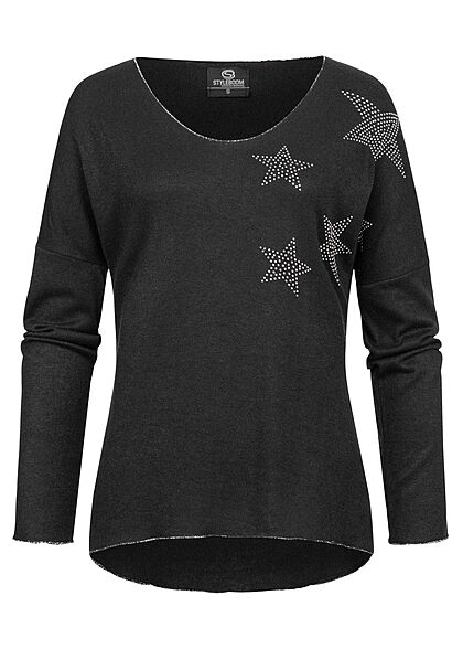 Styleboom Fashion Dames Trui V-hals strass sterpatroon zwart