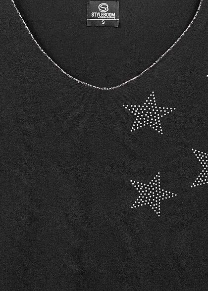 Styleboom Fashion Dames Trui V-hals strass sterpatroon zwart