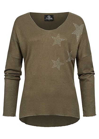 Styleboom Fashion Dames Trui V-hals strass sterpatroon olijfgroen