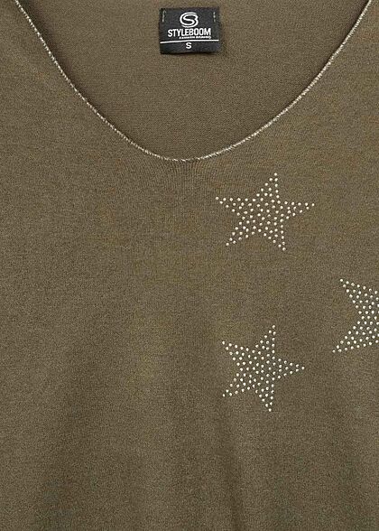 Styleboom Fashion Dames Trui V-hals strass sterpatroon olijfgroen