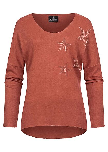 Styleboom Fashion Dames Trui V-hals strass sterpatroon roest rood