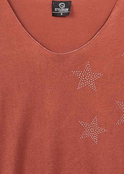 Styleboom Fashion Dames Trui V-hals strass sterpatroon roest rood