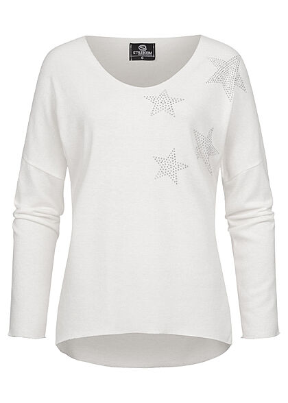 Styleboom Fashion Dames Trui V-hals strass sterpatroon wit