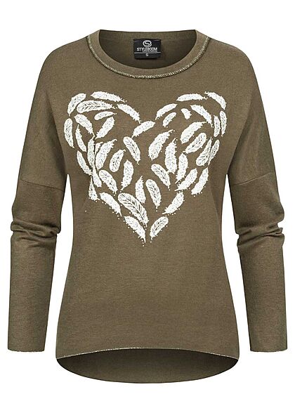 Styleboom Fashion Damen Sweater mit Federn Print und Strasssteinen oliv grün - Art.-Nr.: 21106851