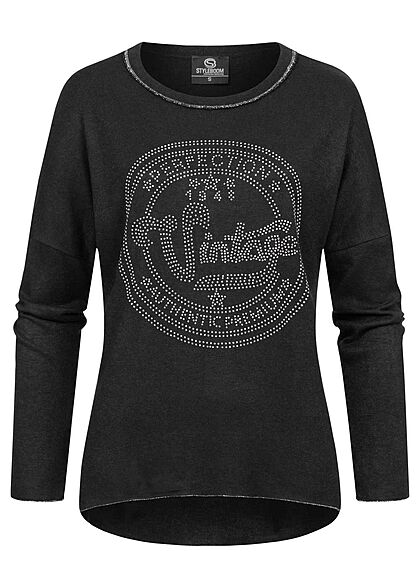 Styleboom Fashion Damen Shirt Sweater mit Vintage Strasssteinen schwarz
