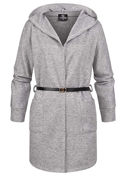 Styleboom Fashion Damen Cardigan mit Kapuze und Grtel 2-Pockets silber grau - Art.-Nr.: 21106866