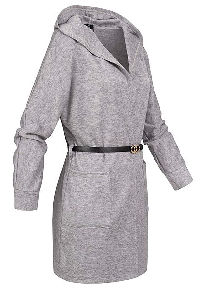 Styleboom Fashion Damen Cardigan mit Kapuze und Grtel 2-Pockets silber grau