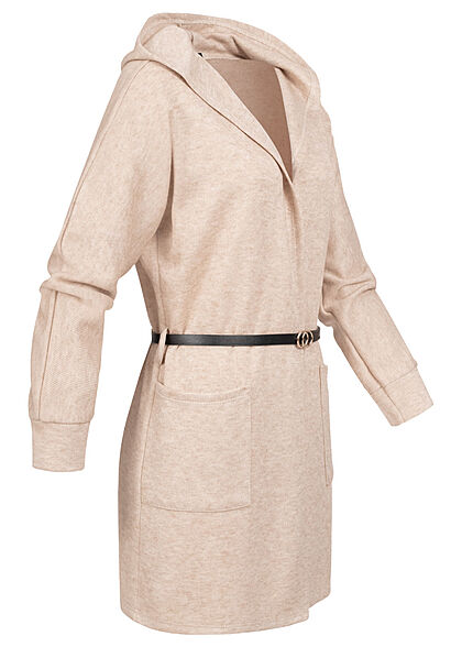 Styleboom Fashion Damen Cardigan mit Kapuze und Gürtel 2-Pockets beige