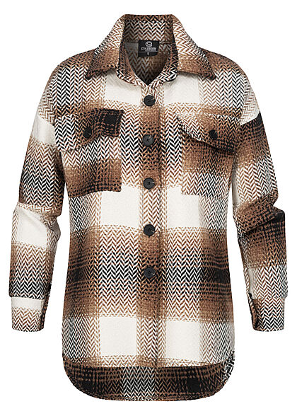 Styleboom Fashion Dames Overhemd Jas met 2 borstzakken zigzag patroon bruin