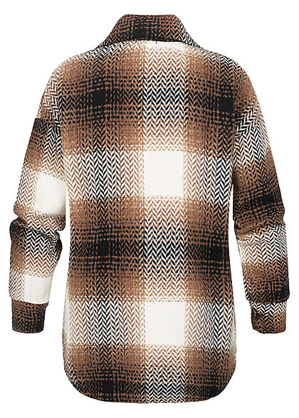 Styleboom Fashion Dames Overhemd Jas met 2 borstzakken zigzag patroon bruin