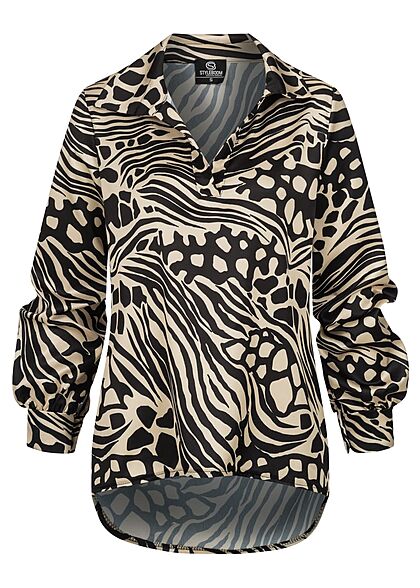 Styleboom Fashion Damen Bluse Satinbluse V-Neck Animalprint beige schwarz - Art.-Nr.: 21106884