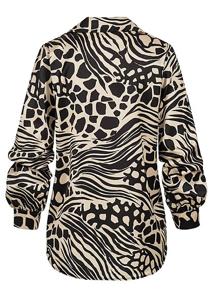 Styleboom Fashion Damen Bluse Satinbluse V-Neck Animalprint beige schwarz